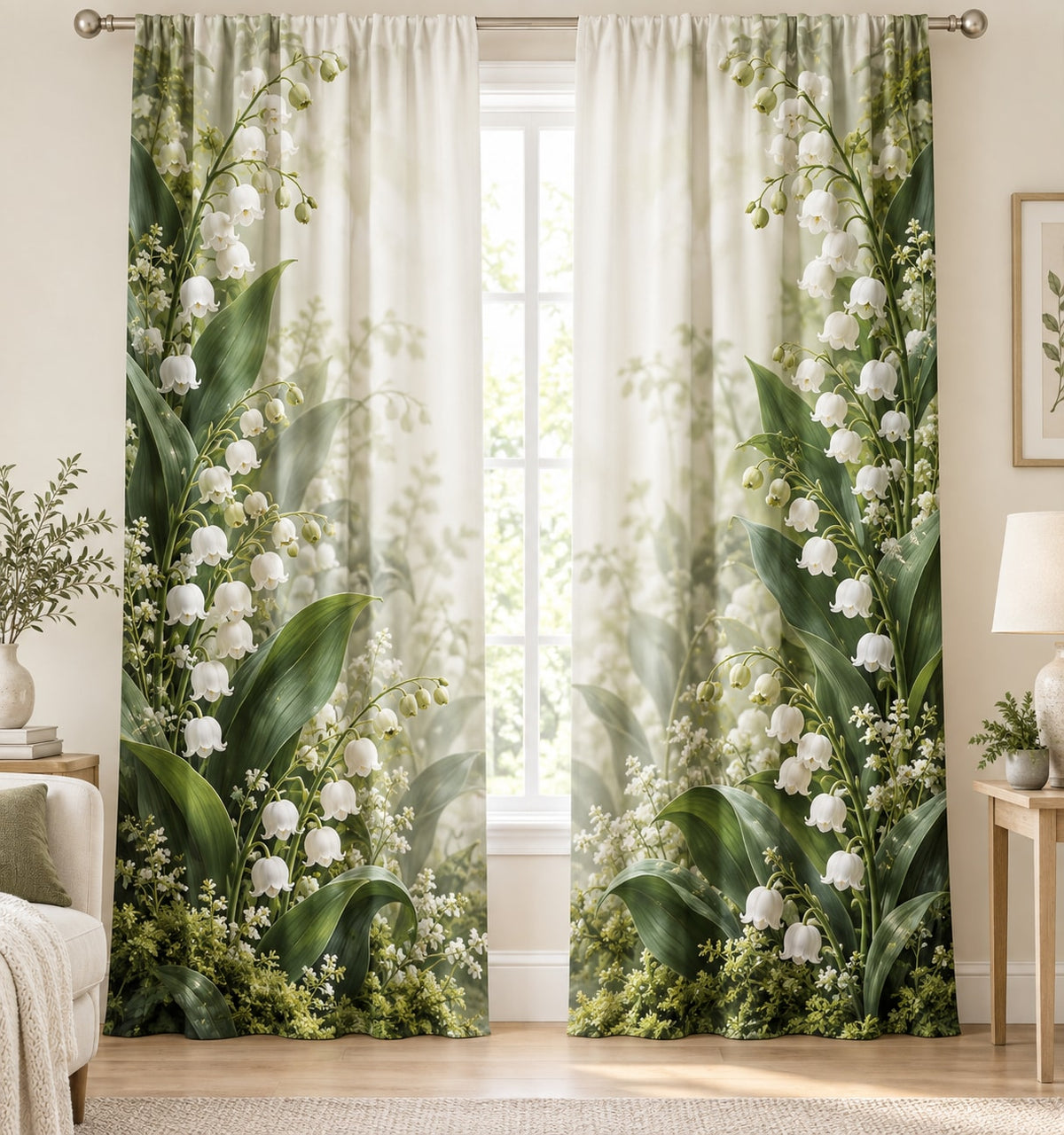 Lily of the Valley Window Curtain Pair with dimensional printed themed artwork; representative AI-generated mockup.