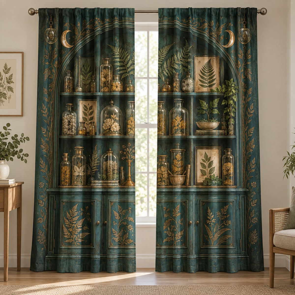 Alchemy Botanical Cabinet Window Curtain Pair with dimensional printed themed artwork; representative AI-generated mockup.