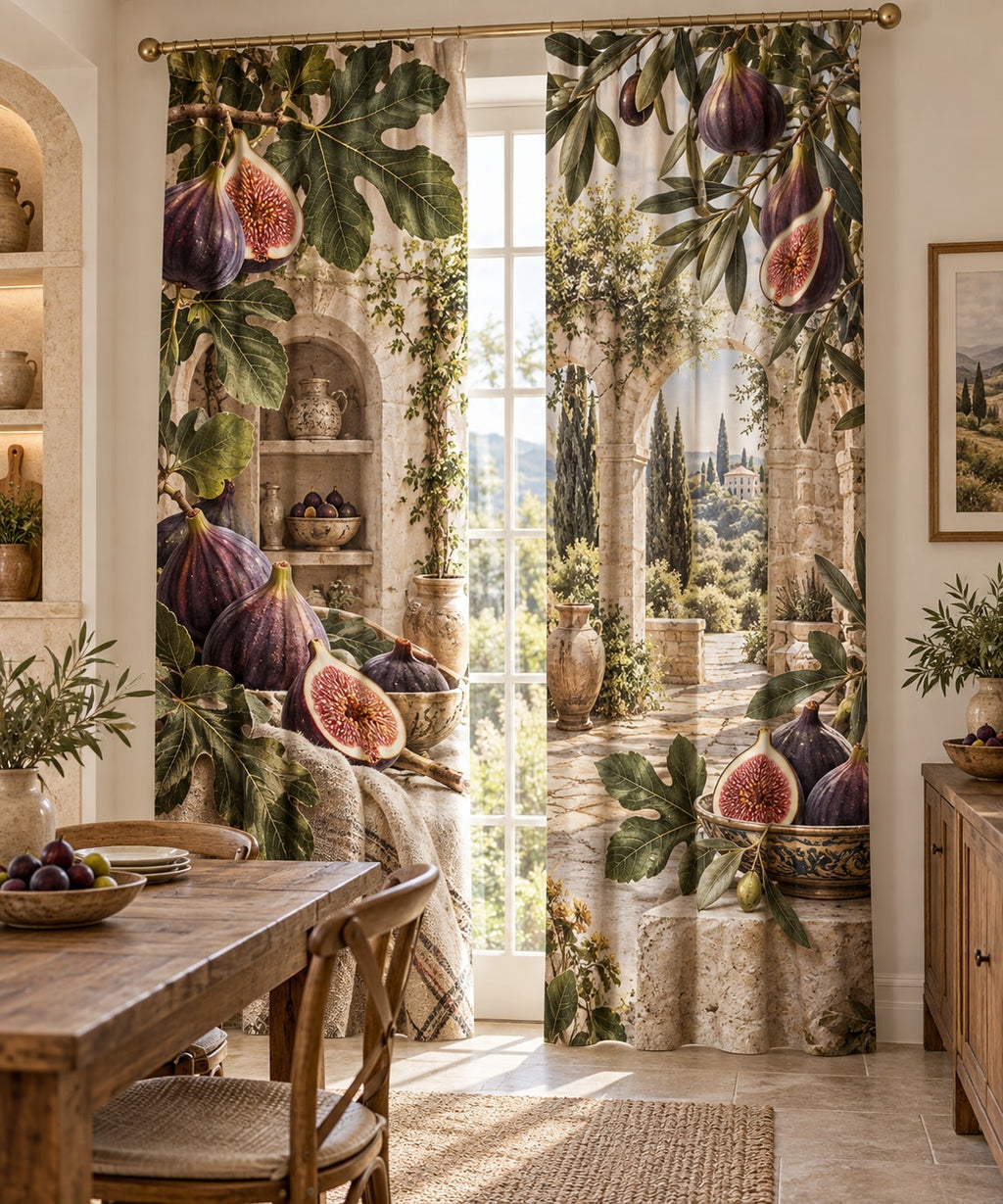 Fig Harvest Window Curtain Pair with dimensional printed themed artwork; representative AI-generated mockup.