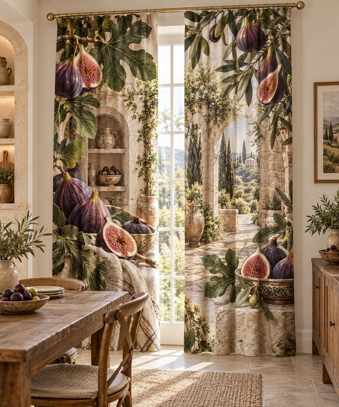 Fig Harvest Window Curtain Pair with dimensional printed themed artwork; representative AI-generated mockup.