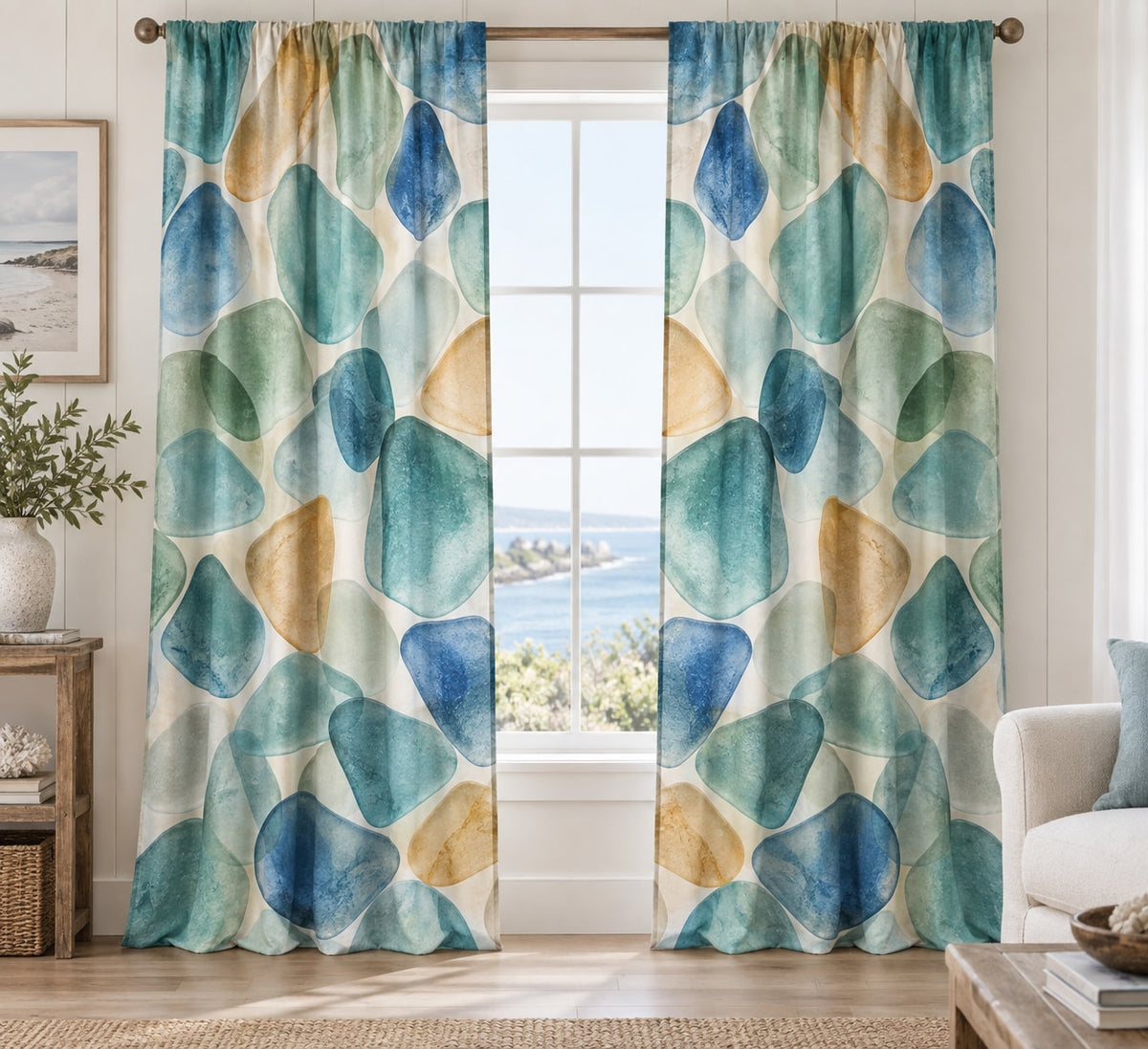Sea Glass Shapes Window Curtain Pair with dimensional printed themed artwork; representative AI-generated mockup.