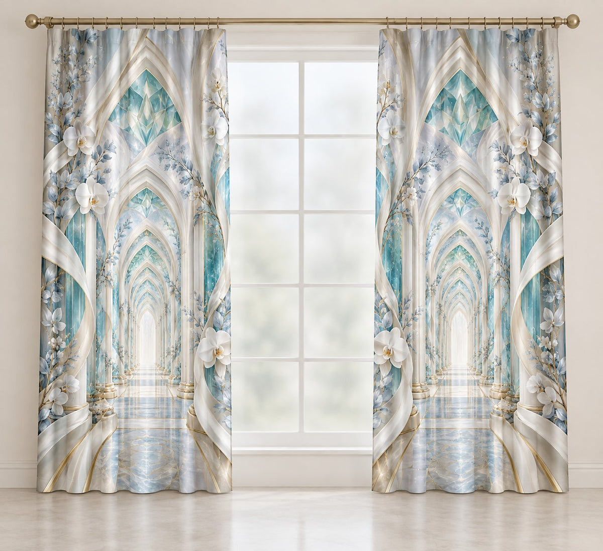 Dental Hygienist Prism Atrium Window Curtain Pair with dimensional printed themed artwork; representative AI-generated mockup.