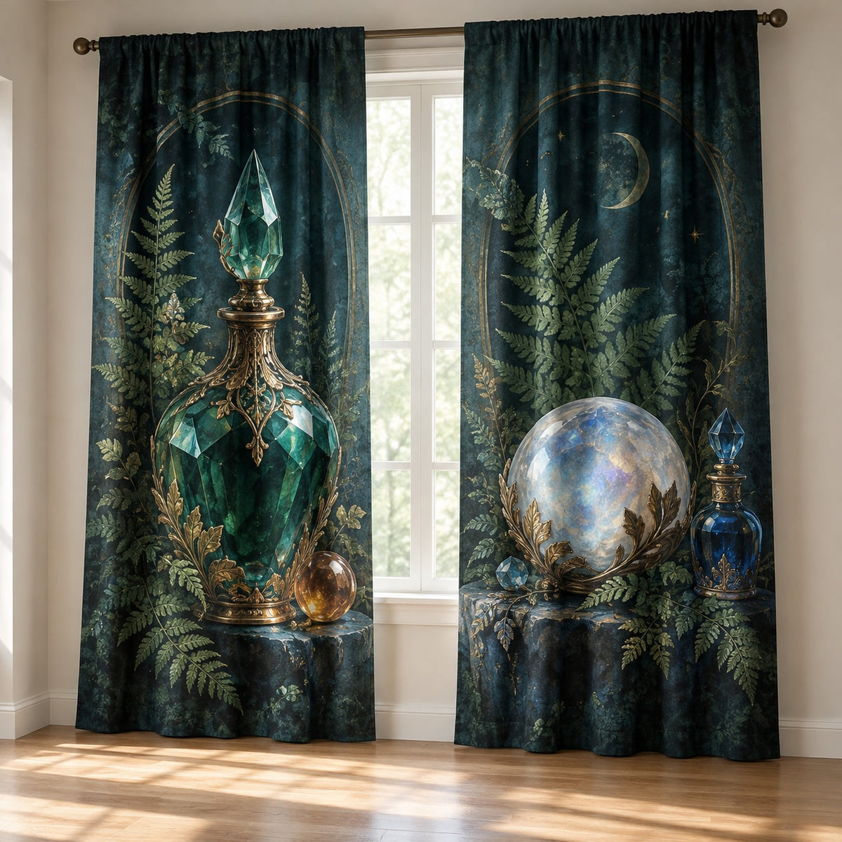 Potion Bottle Still Life Window Curtain Pair with dimensional printed themed artwork; representative AI-generated mockup.