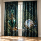 Potion Bottle Still Life Window Curtain Pair with dimensional printed themed artwork; representative AI-generated mockup.