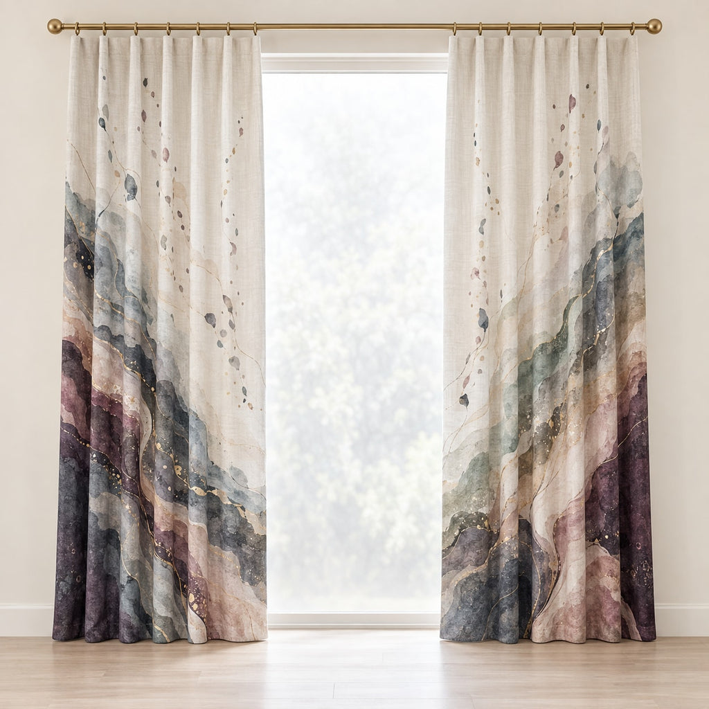 Quiet Margin Aurora Window Curtain Pair with dimensional printed themed artwork; representative AI-generated mockup.