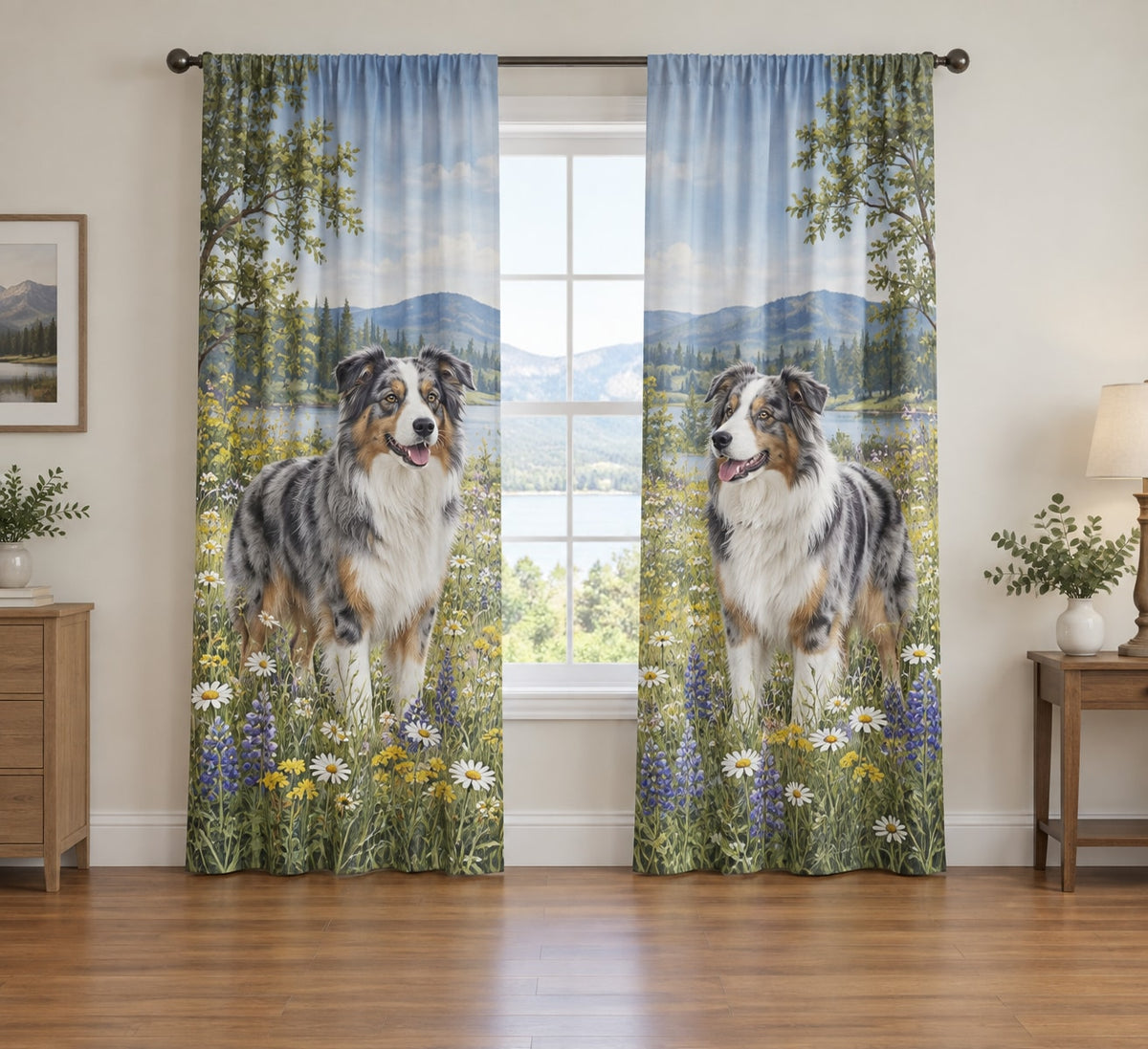 Australian Shepherd Window Curtain Pair with dimensional printed themed artwork; representative AI-generated mockup.