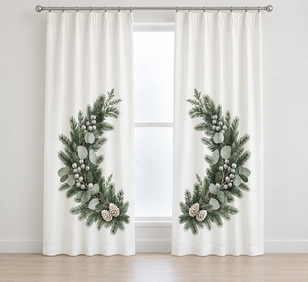 Winter Evergreen Wedding Wreath Window Curtain Pair with dimensional printed themed artwork; representative AI-generated mockup.