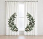 Winter Evergreen Wedding Wreath Window Curtain Pair with dimensional printed themed artwork; representative AI-generated mockup.