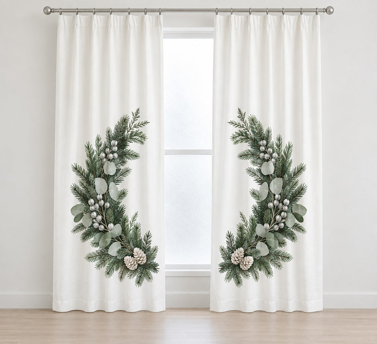 Winter Evergreen Wedding Wreath Window Curtain Pair with dimensional printed themed artwork; representative AI-generated mockup.