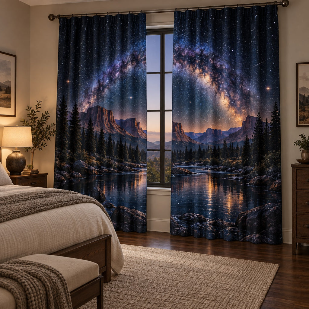 Milky Way Arch Window Curtain Pair with dimensional printed themed artwork; representative AI-generated mockup.