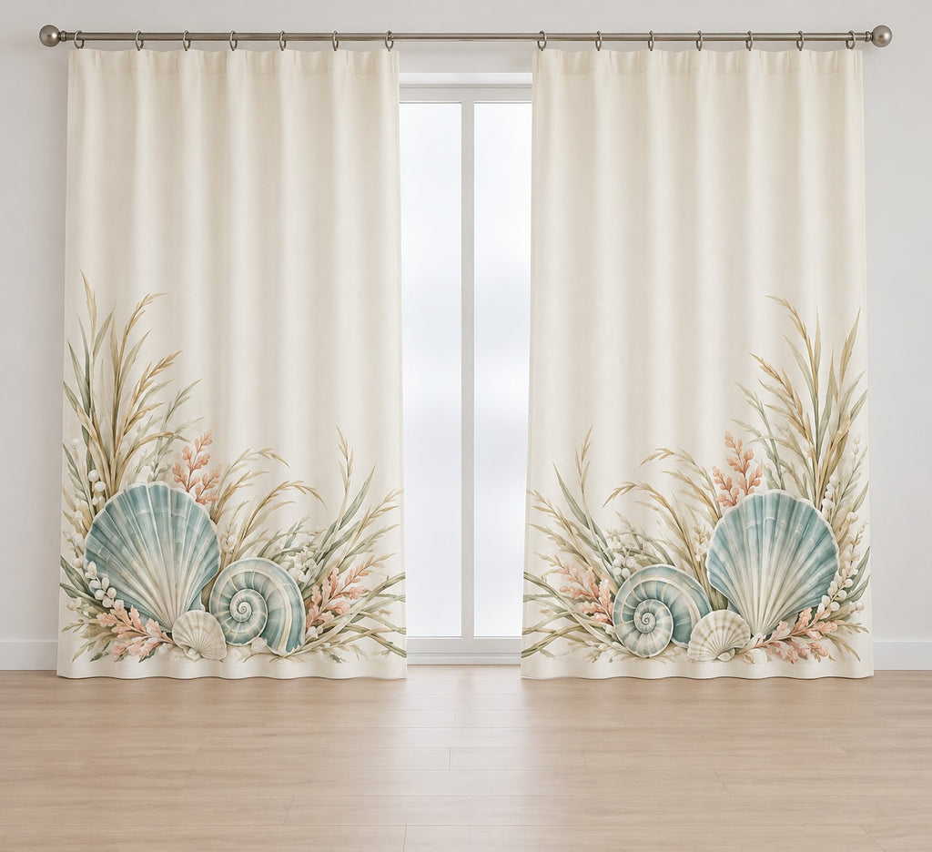 Coastal Shell Wedding Window Curtain Pair with dimensional printed themed artwork; representative AI-generated mockup.