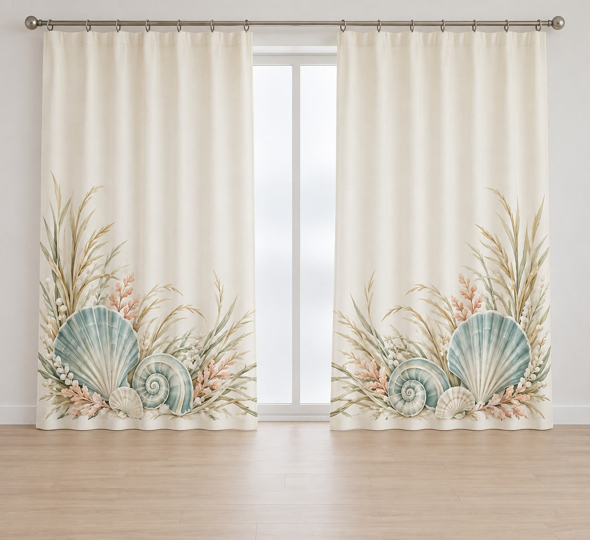 Coastal Shell Wedding Window Curtain Pair with dimensional printed themed artwork; representative AI-generated mockup.