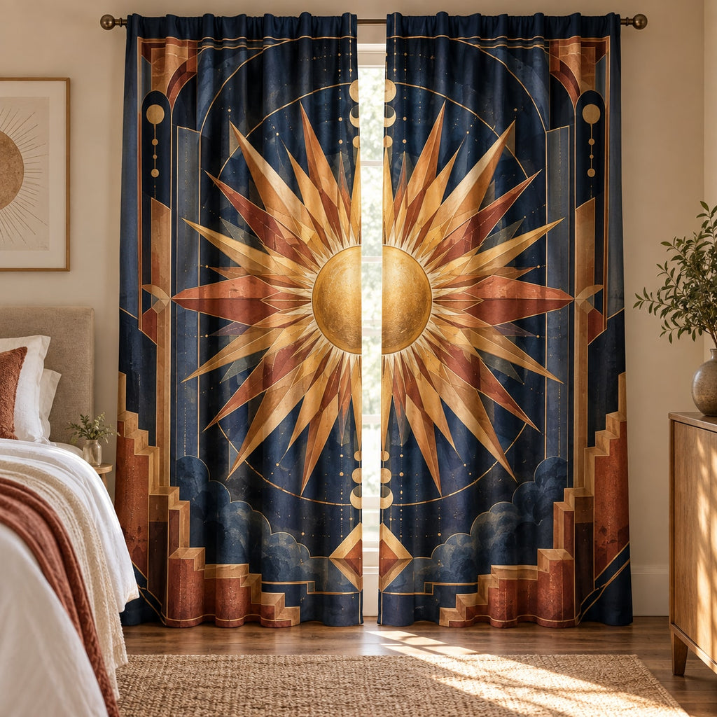 Geometric Sunburst Window Curtain Pair with dimensional printed themed artwork; representative AI-generated mockup.