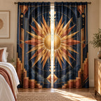 Geometric Sunburst Window Curtain Pair with dimensional printed themed artwork; representative AI-generated mockup.