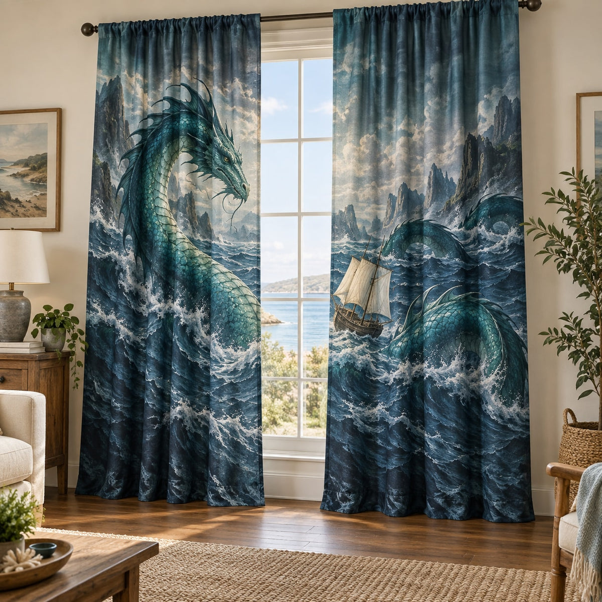 Sea Serpent Voyage Window Curtain Pair with dimensional printed themed artwork; representative AI-generated mockup.