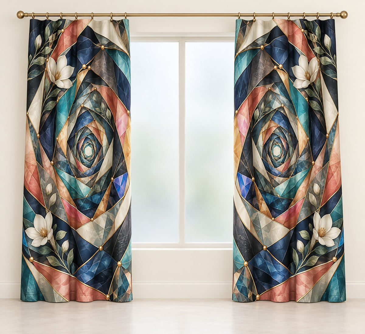 Compassion Bridge Atrium Window Curtain Pair with dimensional printed themed artwork; representative AI-generated mockup.