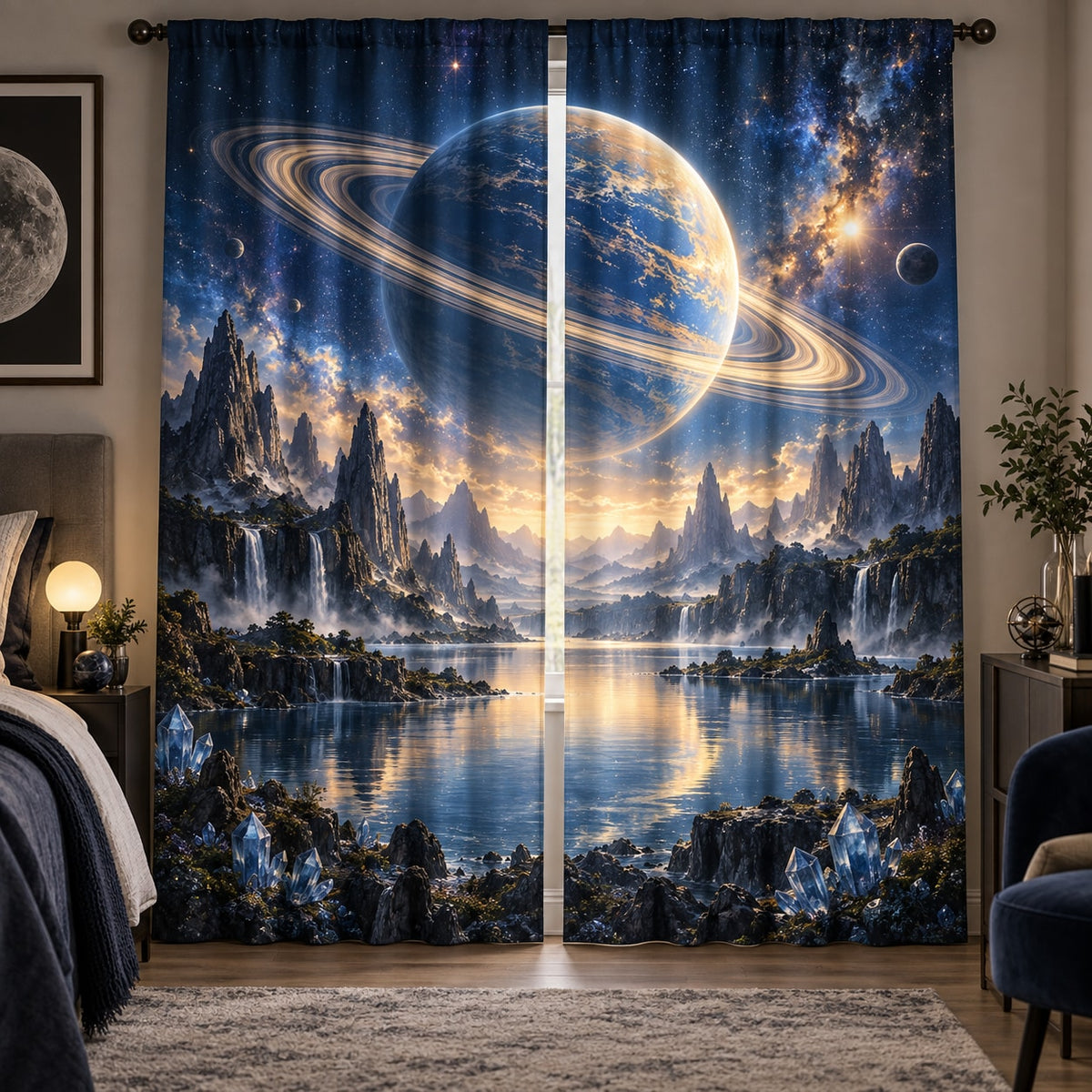 Ringed Planet Window Curtain Pair with dimensional printed themed artwork; representative AI-generated mockup.