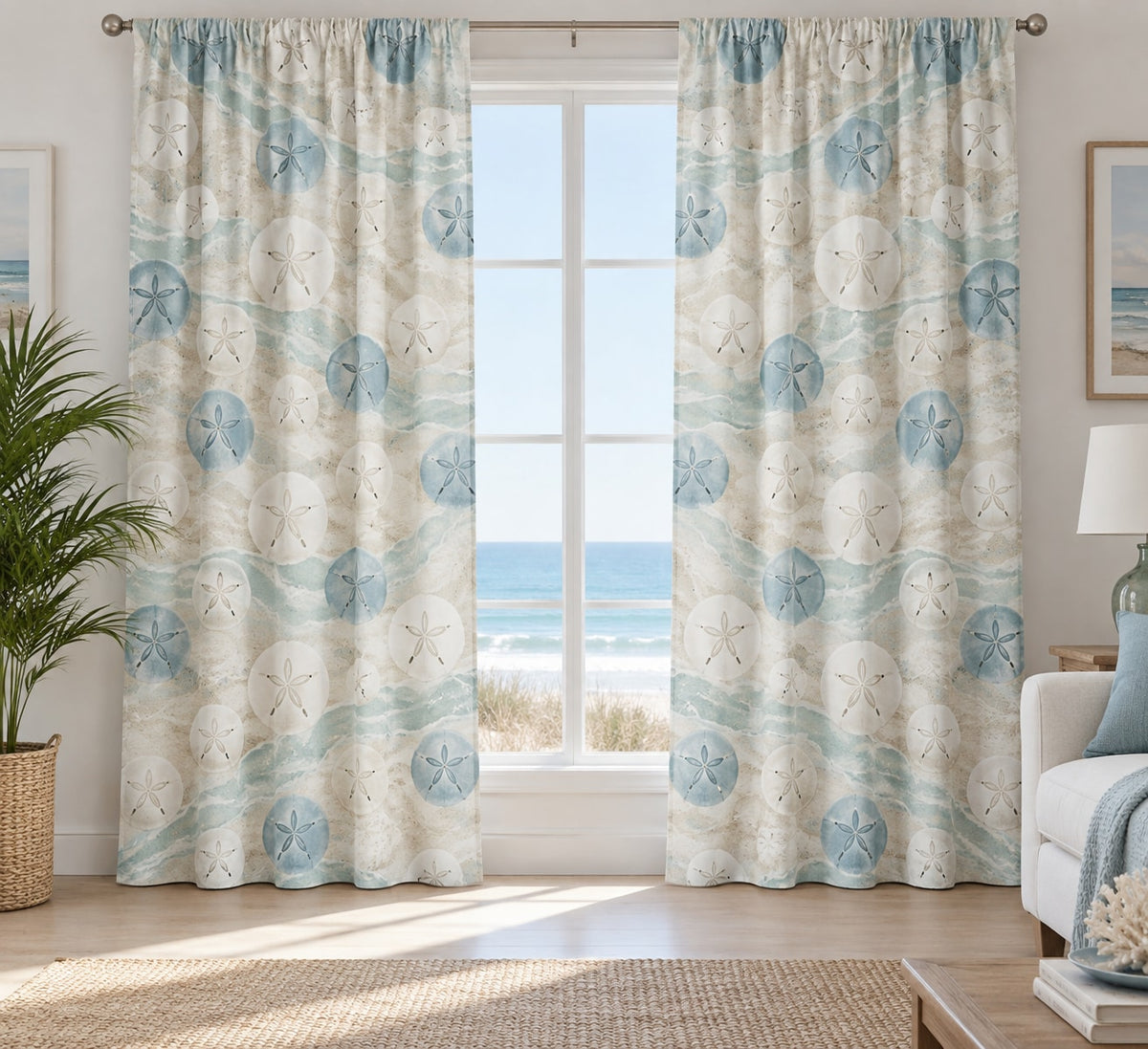 Sand Dollar Pattern Window Curtain Pair with dimensional printed themed artwork; representative AI-generated mockup.