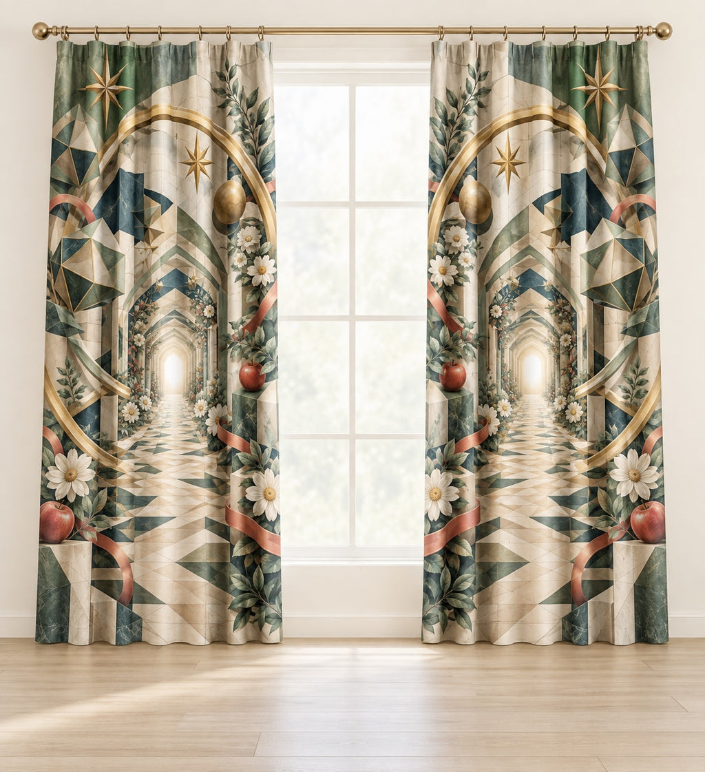 Geometric Wonder Observatory Window Curtain Pair with dimensional printed themed artwork; representative AI-generated mockup.