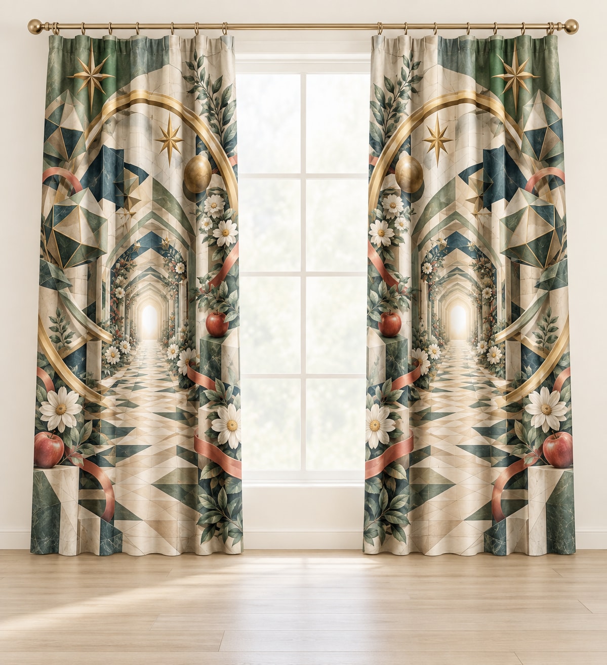Geometric Wonder Observatory Window Curtain Pair with dimensional printed themed artwork; representative AI-generated mockup.