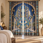 Hamsa Eye Mosaic Window Curtain Pair with dimensional printed themed artwork; representative AI-generated mockup.