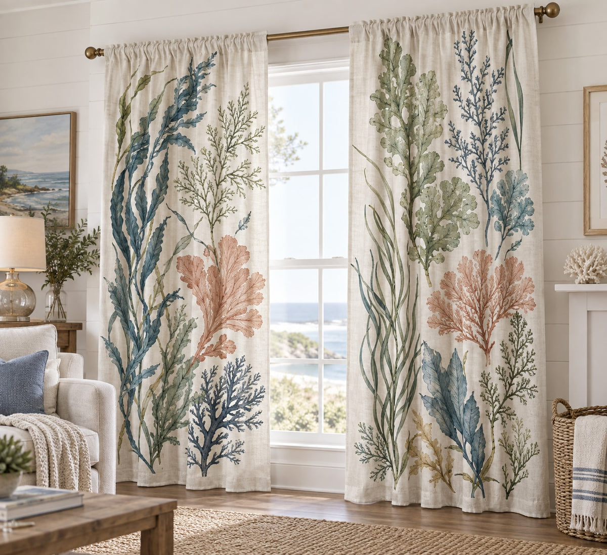 Seaweed Herbarium Window Curtain Pair with dimensional printed themed artwork; representative AI-generated mockup.
