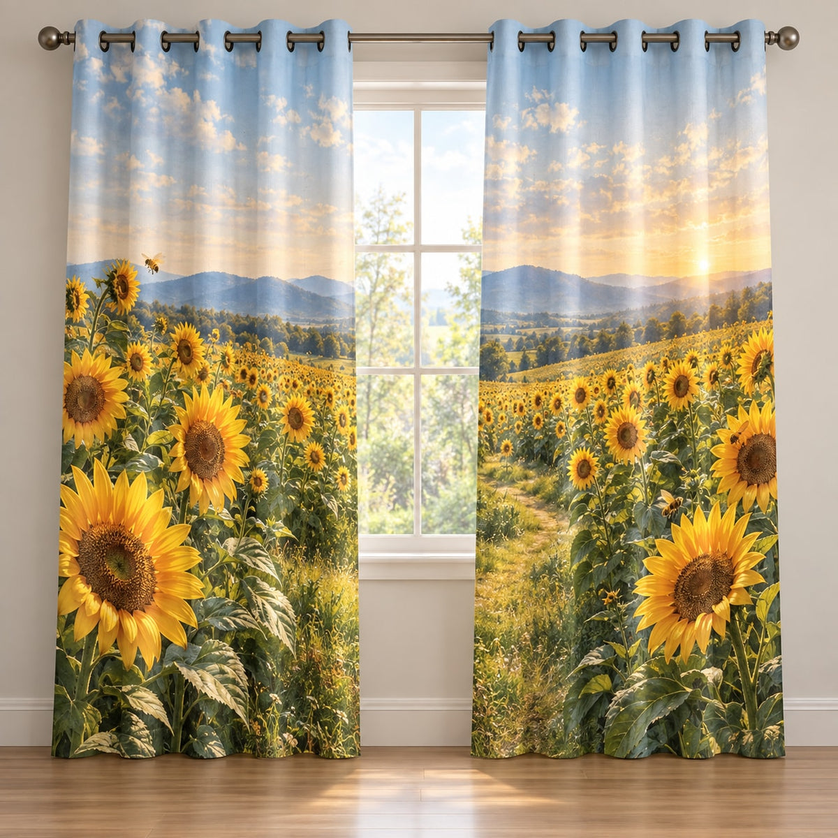 Sunflower Field Window Curtain Pair with dimensional printed themed artwork; representative AI-generated mockup.