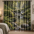 Moss and Stones Window Curtain Pair with dimensional printed themed artwork; representative AI-generated mockup.