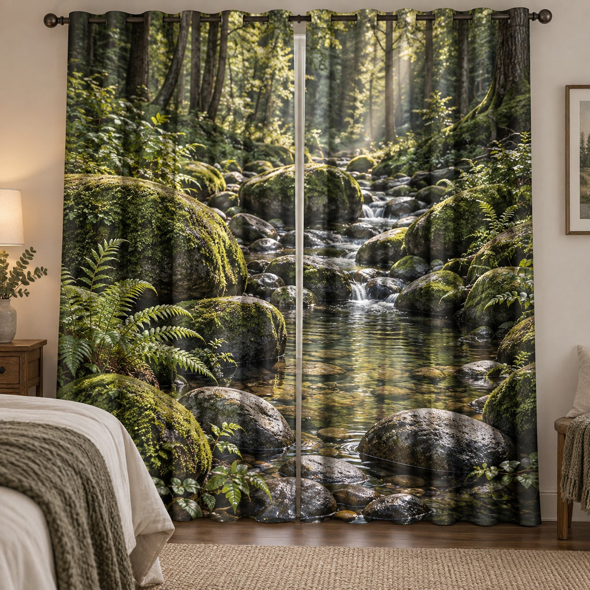 Moss and Stones Window Curtain Pair with dimensional printed themed artwork; representative AI-generated mockup.