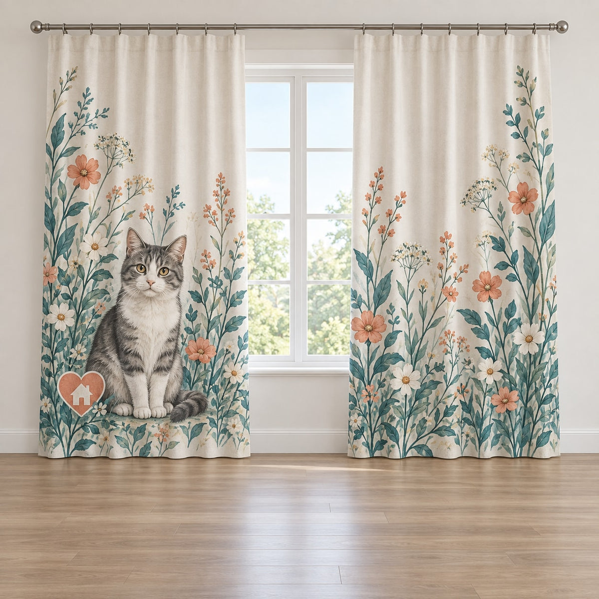 Rescue Cat Advocate Window Curtain Pair with dimensional printed themed artwork; representative AI-generated mockup.