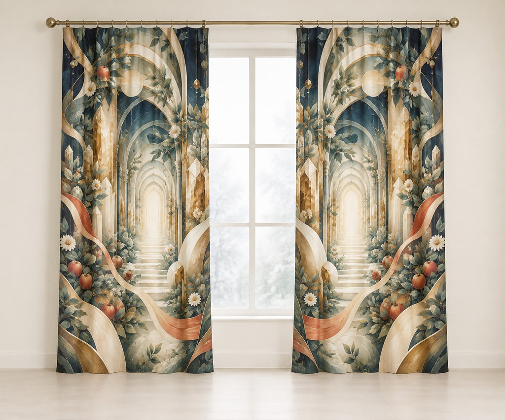 Resonant Harmony Conservatory Window Curtain Pair with dimensional printed themed artwork; representative AI-generated mockup.