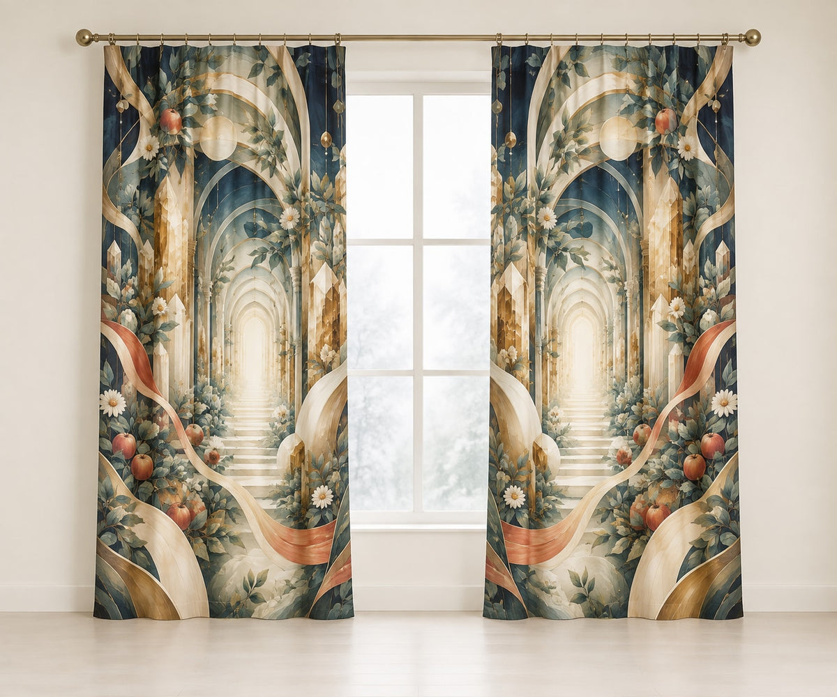 Resonant Harmony Conservatory Window Curtain Pair with dimensional printed themed artwork; representative AI-generated mockup.