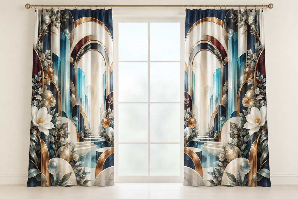 Luminous Circuit Sanctuary Window Curtain Pair with dimensional printed themed artwork; representative AI-generated mockup.