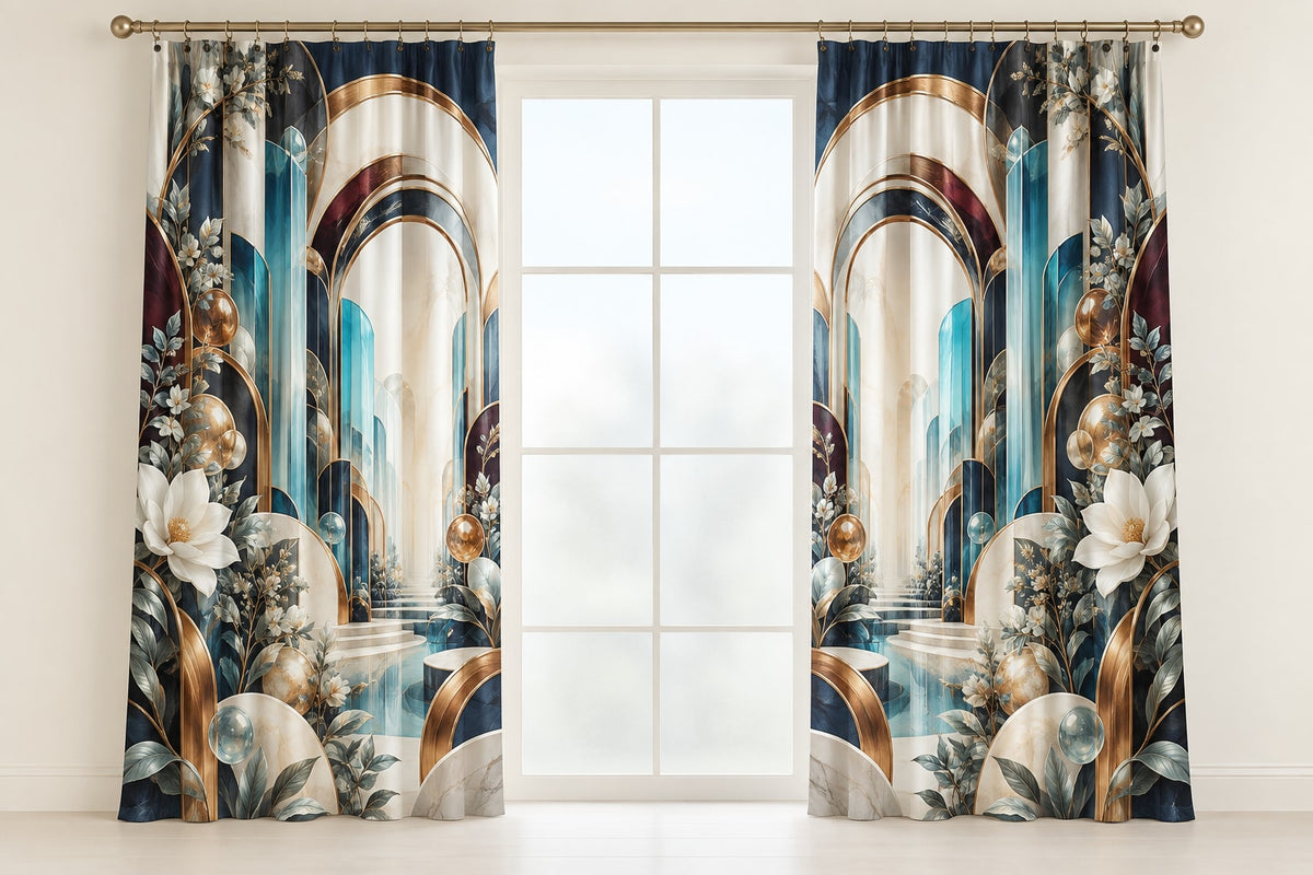 Luminous Circuit Sanctuary Window Curtain Pair with dimensional printed themed artwork; representative AI-generated mockup.