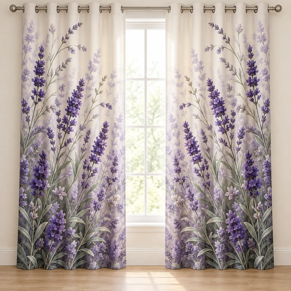 Lavender Sprigs Window Curtain Pair with dimensional printed themed artwork; representative AI-generated mockup.