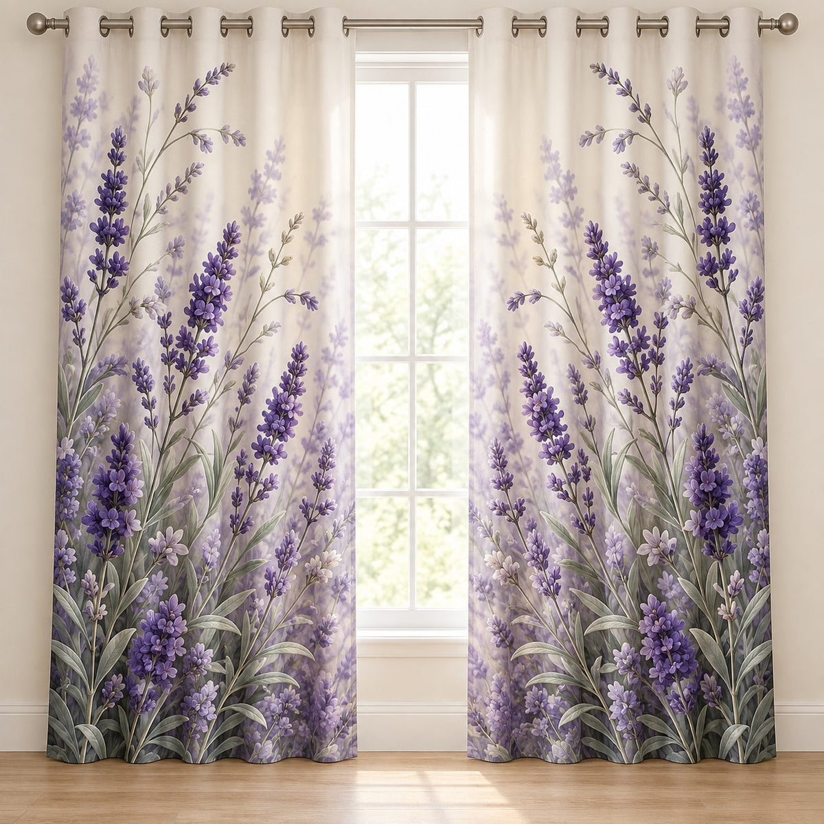 Lavender Sprigs Window Curtain Pair with dimensional printed themed artwork; representative AI-generated mockup.