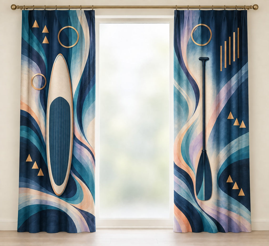 Stillwater Stance Prismwake Window Curtain Pair with dimensional printed themed artwork; representative AI-generated mockup.