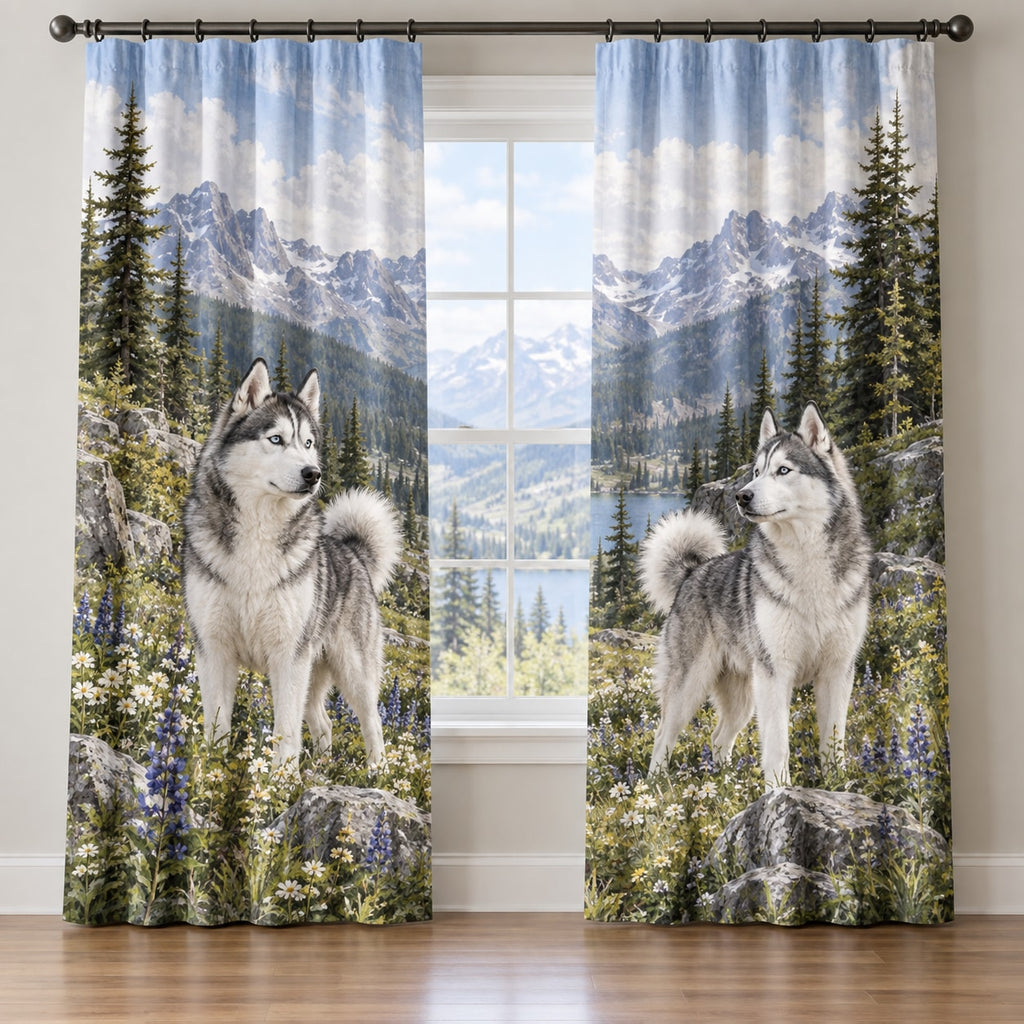 Husky Window Curtain Pair with dimensional printed themed artwork; representative AI-generated mockup.