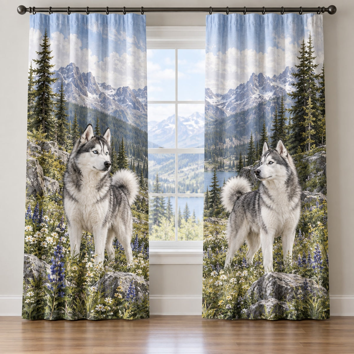 Husky Window Curtain Pair with dimensional printed themed artwork; representative AI-generated mockup.