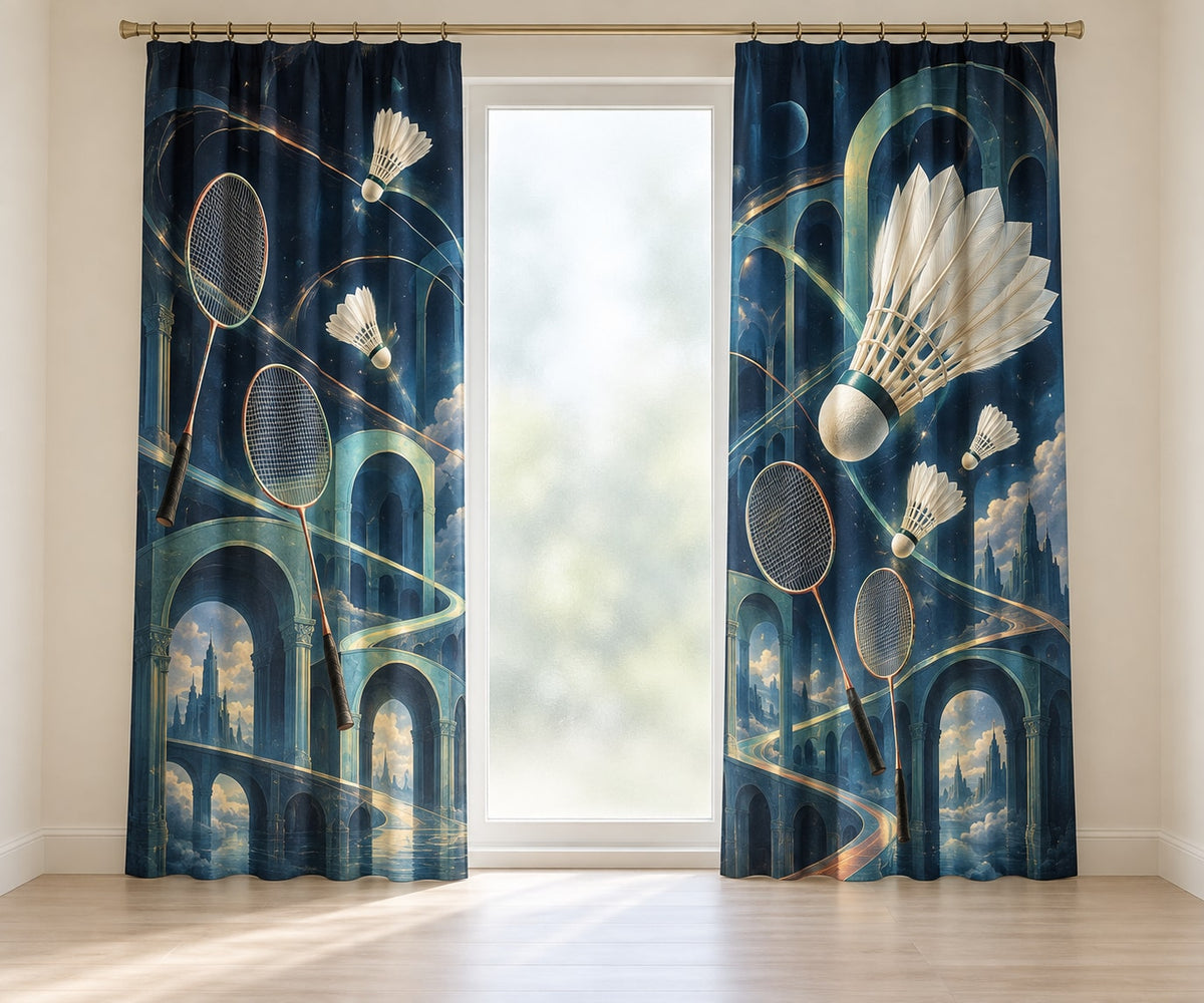 Featherflight Club Atlas Window Curtain Pair with dimensional printed themed artwork; representative AI-generated mockup.