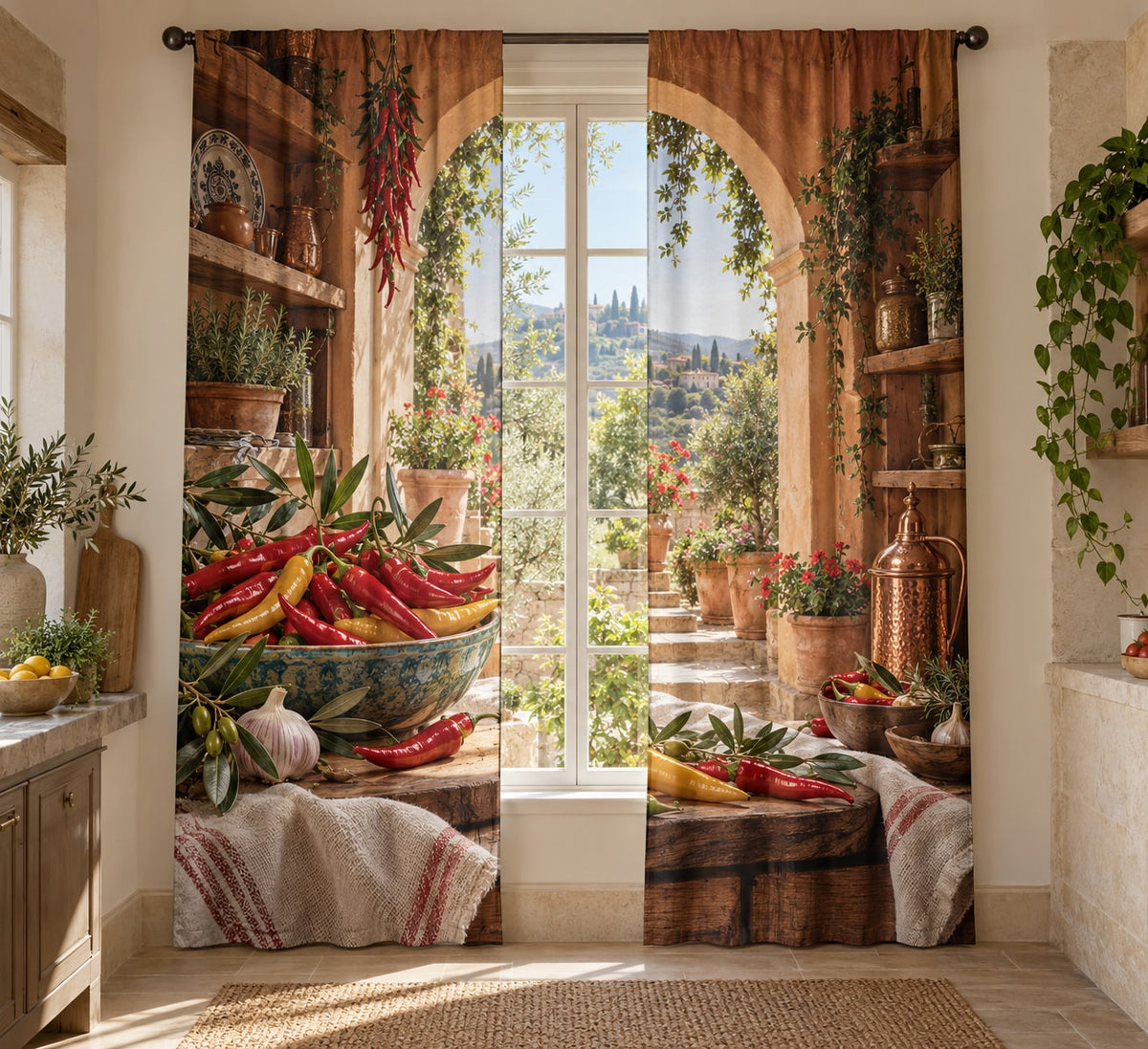 Chili Pepper Kitchen Window Curtain Pair with dimensional printed themed artwork; representative AI-generated mockup.