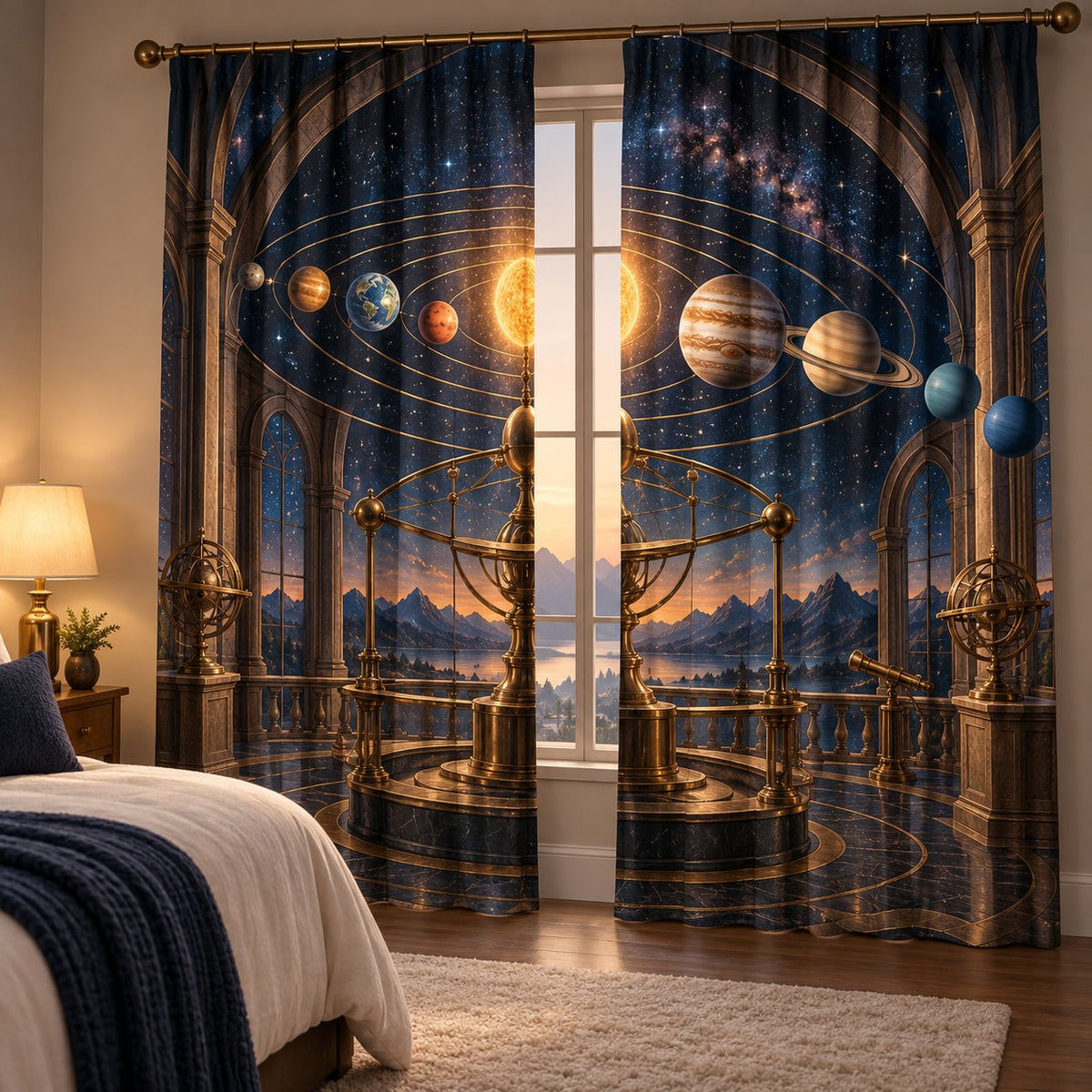 Vintage Solar System Window Curtain Pair with dimensional printed themed artwork; representative AI-generated mockup.