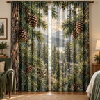 Pinecones and Needles Window Curtain Pair with dimensional printed themed artwork; representative AI-generated mockup.