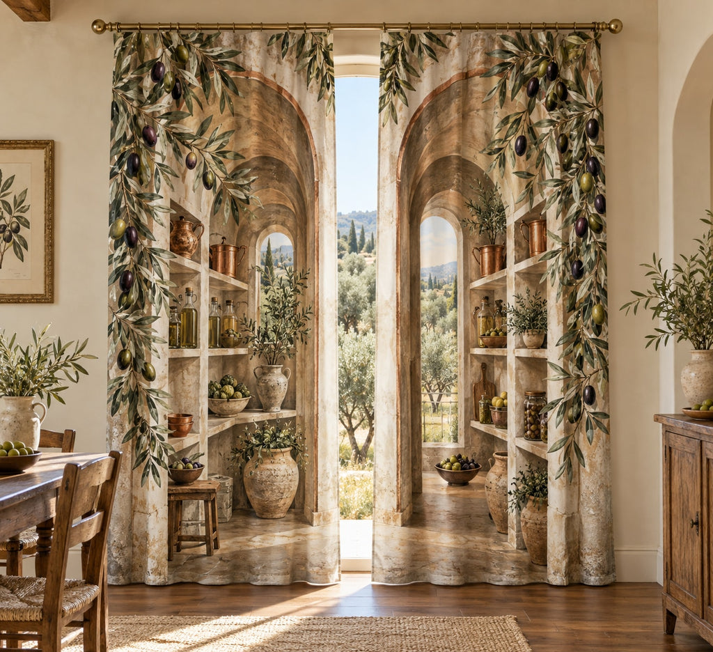 Olive Branch Pantry Window Curtain Pair with dimensional printed themed artwork; representative AI-generated mockup.