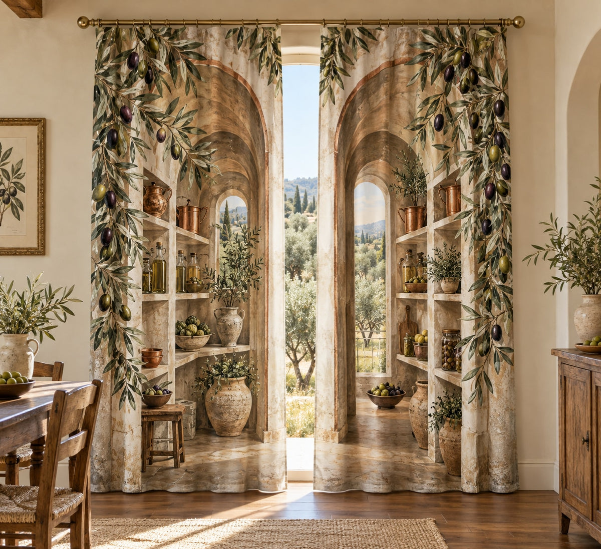 Olive Branch Pantry Window Curtain Pair with dimensional printed themed artwork; representative AI-generated mockup.