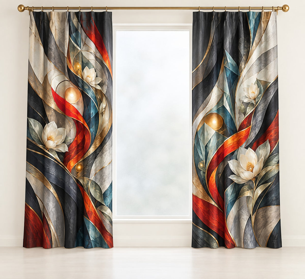Emberline Rescue Atrium Window Curtain Pair with dimensional printed themed artwork; representative AI-generated mockup.