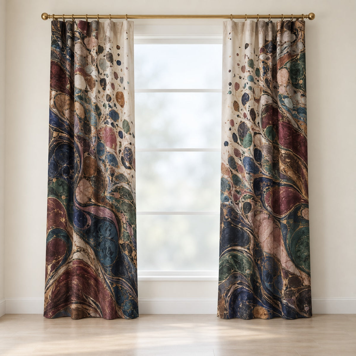 Folio Marbling Rift Window Curtain Pair with dimensional printed themed artwork; representative AI-generated mockup.
