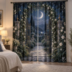 Moon Garden Gate Window Curtain Pair with dimensional printed themed artwork; representative AI-generated mockup.