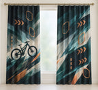 Switchback Ember Traverse Window Curtain Pair with dimensional printed themed artwork; representative AI-generated mockup.