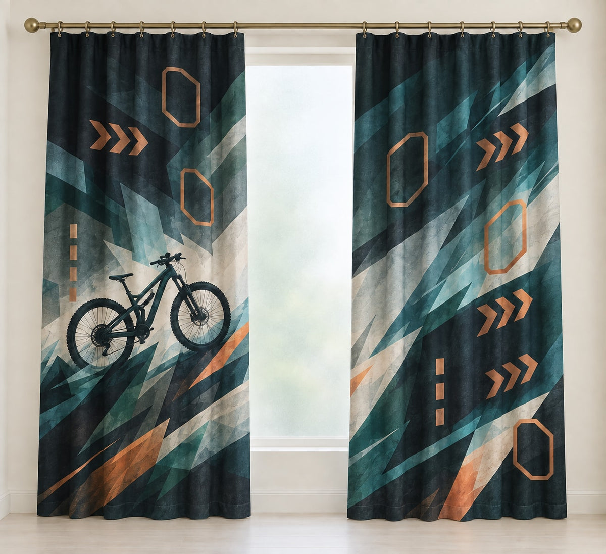 Switchback Ember Traverse Window Curtain Pair with dimensional printed themed artwork; representative AI-generated mockup.